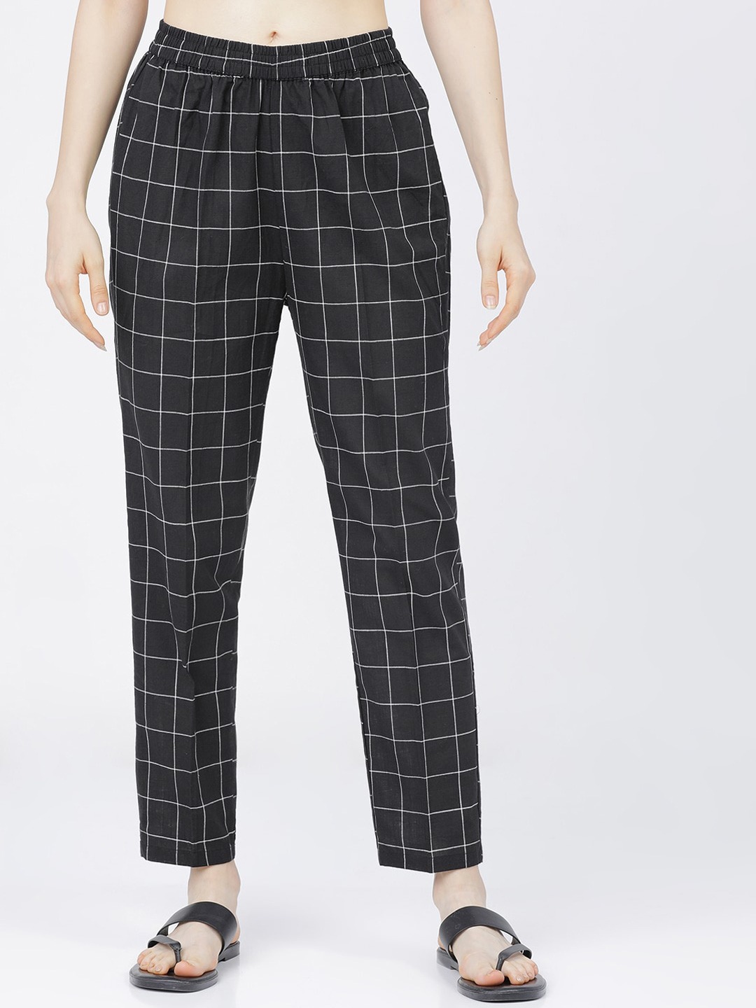 Black and White Cotton Checks Women Pant-40489